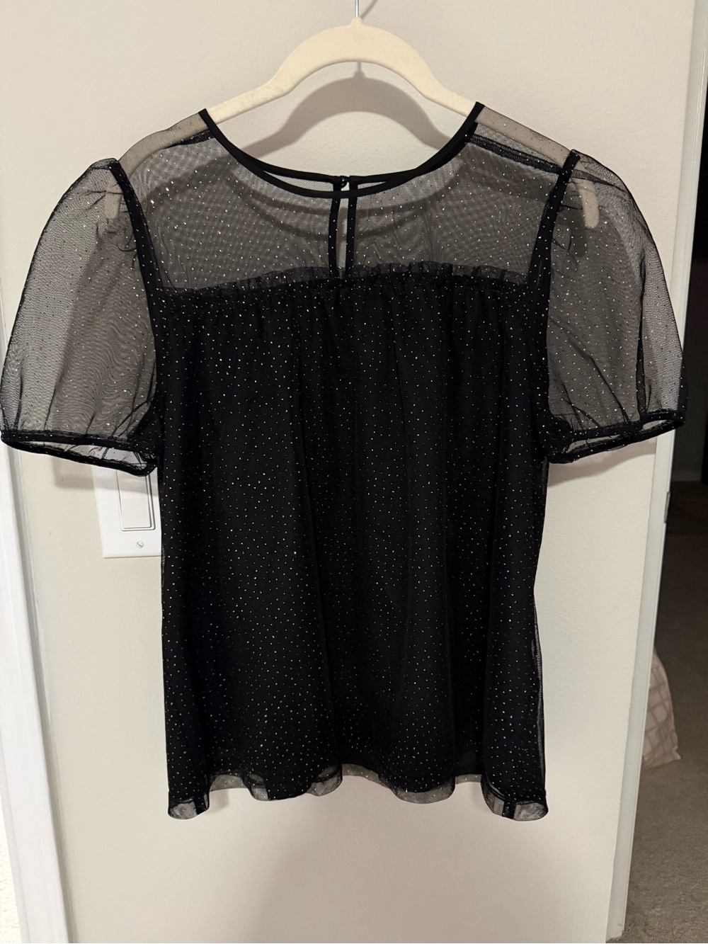 J. Crew Black Sheer Sparkle Puff Sleeve Blouse